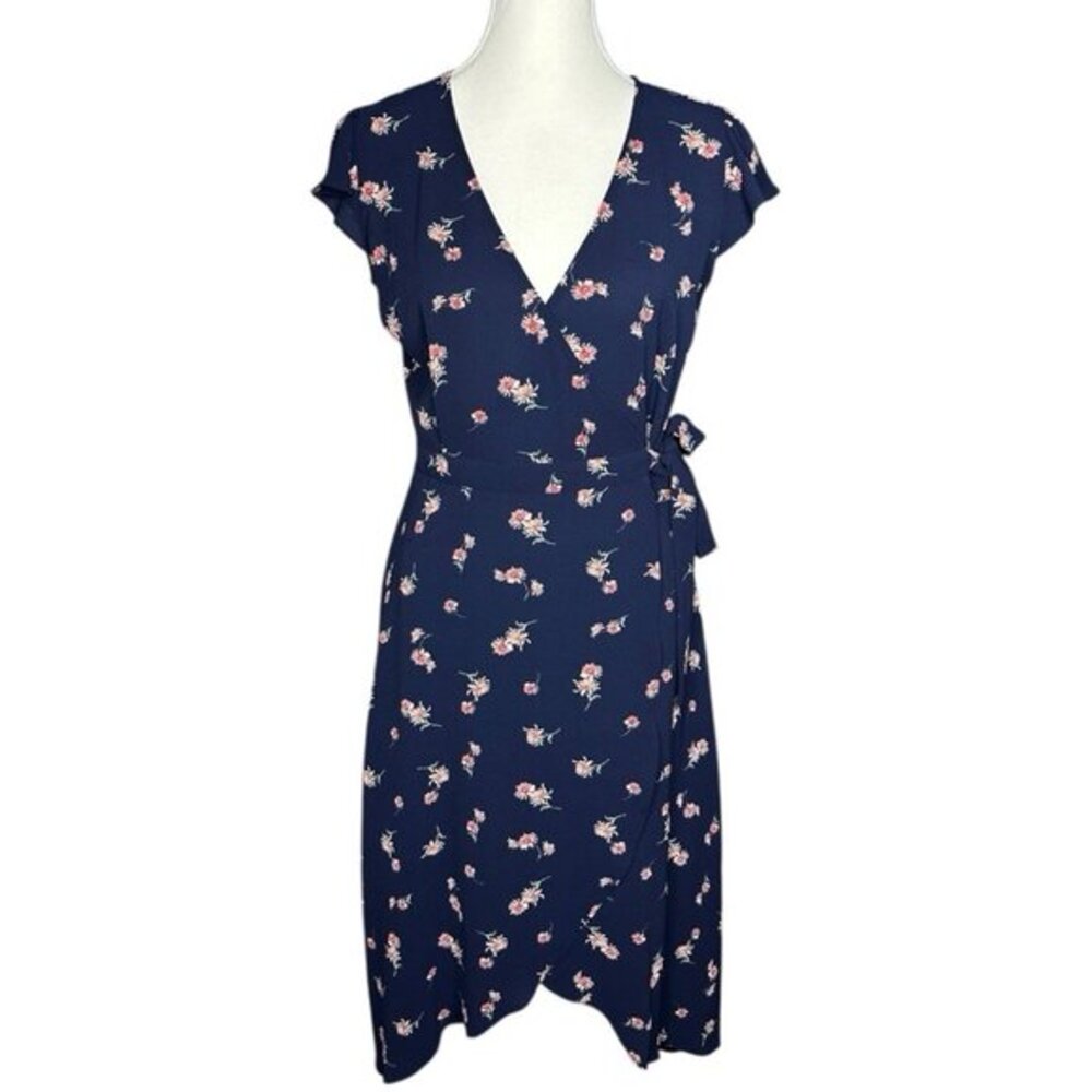 BB‎ Dakota Navy Blue Floral Wrap Midi Dress Short Flutter Sleeve V-Neck Size 2